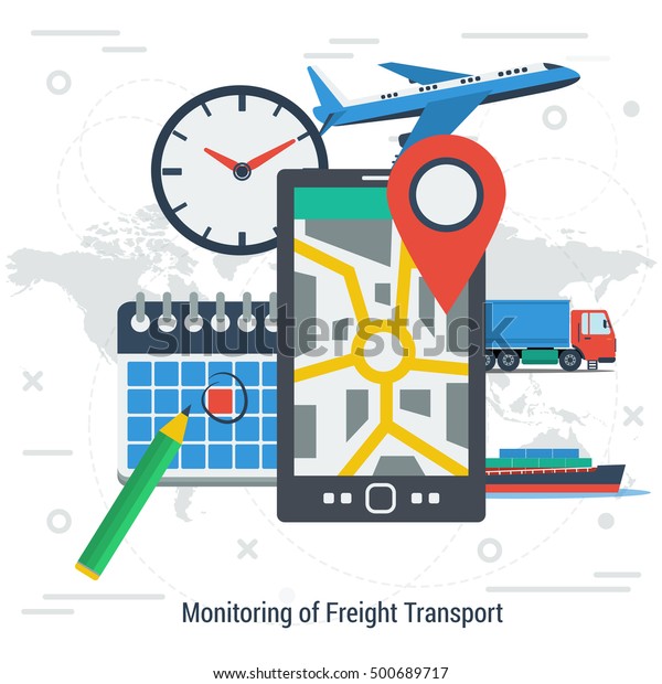 Square\
concept of monitoring freight transport. Tracking of cargo during\
shipping. Smartphone with location place of load, clock, calendar\
and type of transportation on world map\
background