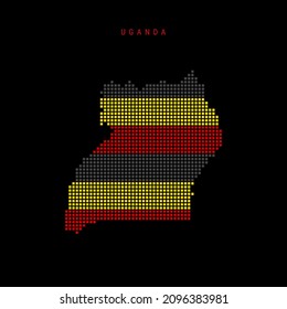 Square dots pattern map of Uganda. Ugandan dotted pixel map with national flag colors isolated on black background. illustration.