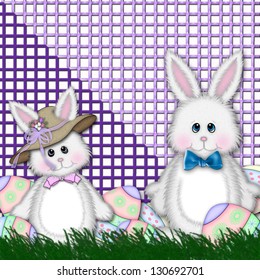 Square Easter graphic/illustration/background with Mr. and Mrs. Bunny surrounded by Easter Eggs in preparation for Easter Egg Hunt.