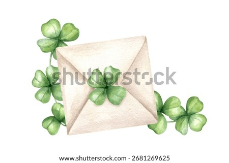 Square envelope sealed with four leaf clover watercolor illustration on isolated background. Hand drawn green shamrock leaves and paper mail with secret. St. Patrick day holiday. For greeting card.
