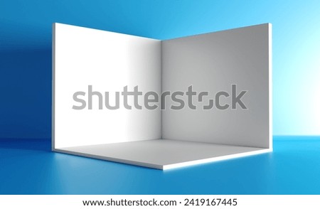 Square exhibition and Cube box. Corner room interior section on grey background. White blank geometric square 3D blank box template.