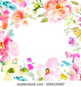 Square Floral Background with a Colorful Spring Watercolor Flowers Frame Border