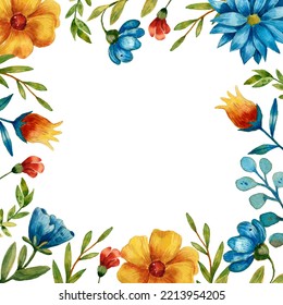 Square Floral Border. Watercolor Illustration. Botanical Art. Elegant Floral Frame. White Background And Floral Ornament. Cute Floral Banner. Wildflower Wreath. Blue And Yellow Flowers.