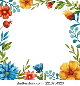 Square Floral Border. Watercolor Illustration. Botanical Art. Elegant Floral Frame. White Background And Floral Ornament. Cute Floral Banner. Wildflower Wreath. Blue And Yellow Flowers.