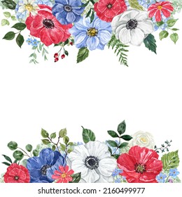 Square floral frame with red, white, and blue flowers. Watercolor botanical border. Hand-painted illustration. 4th of July greeting card design, invitation template.