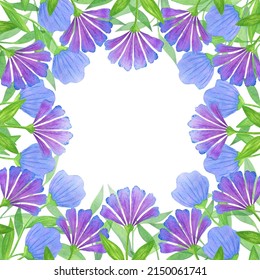 Square Floral Watercolor Frame With Free Space For Text. Violet Flowers And Blue Poppies Or Other Meadow Wildflowers With Green Leaves Around The Frame On The Border. Design For Poster, Card.