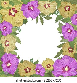 Square Flower Frame With Hibiscus Flowers. Floral Garland Wreath.