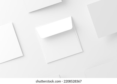 Square Folded Invitation Card With Envelope White Blank 3D Rendering Mockup. 3D Illustration