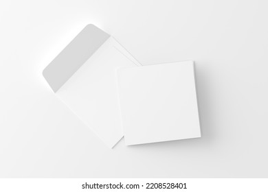 Square Folded Invitation Card With Envelope White Blank 3D Rendering Mockup. 3D Illustration