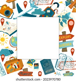 Square Frame Border Of Travel And Tourism Elements, Hand Drawn Illustration On White Background