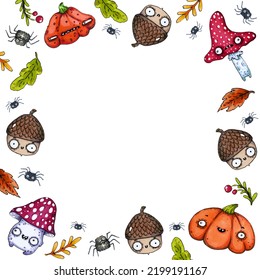 Square Frame With Cartoon Acorns, Pumpkins, Fly Agaric, Spiders And Autumn Leaves.