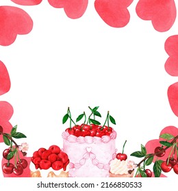 A square frame of cherry sweets and hearts. Cake and cupcake. Place for the inscription. Watercolor illustration. Isolated on a white background. For your design kitchen accessories, birthday cards. - Powered by Shutterstock