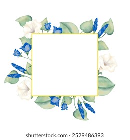 Square frame with golden border, blue and white flowers and picturesque foliage. Watercolor digital illustration for printing and web design - Powered by Shutterstock