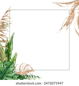 Square frame made of tropical leaves with gold. Watercolor composition. Realistic botanical illustration. Design for invitations, posters, cards, greeting cards, stationery, fabric printing, etc.
 - Powered by Shutterstock