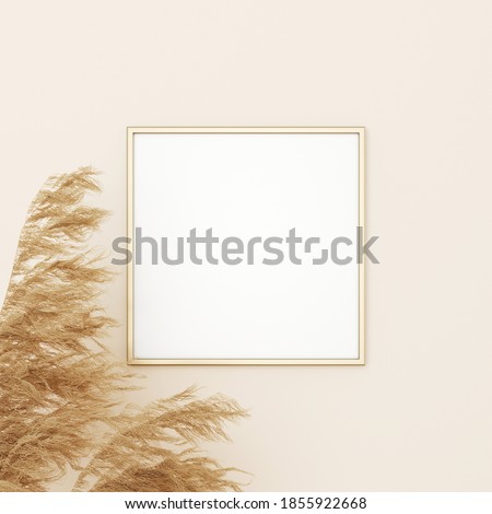 Square frame mockup in boho style with dried grass decoration  on empty beige wall background. 3D rendering, illustration