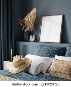 Square Frame Mockup In Cozy Dark Blue Bedroom Interior, 3d Render