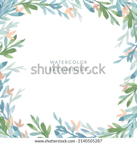 Square frame on a white background of stylized green and blue leaves and pink flowers. Painted in watercolor on a white background. For wedding invitations, holiday cards, packaging, scrapbooking