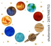 Square frame with planets Solar system Sun, Mercury, Venus, Earth, Mars, Jupiter, Saturn, Uranus, Neptune, stars,clouds. Watercolor. Cute for the kids design of invitations, postcards, posters, flyers