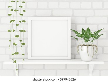 Square Frame Poster Mock Up With Green Plants On White Brick Wall Background. 3d Rendering.