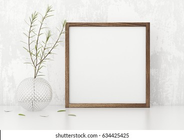 Square Frame Poster Mock Up With Green Plant In Vase White Stucco Wall Background. 3d Rendering.