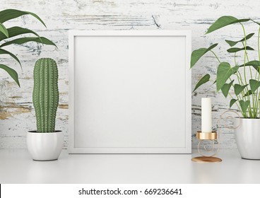 Square Frame Poster Mock Up With Green Plants On White Wooden Wall Background. 3d Rendering.