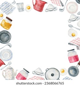 square frame with rustic kitchen utensil elements, kitchenware and tableware. Vintage kitchen elements.