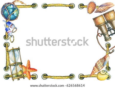 Square frame with shall, binocular and sandglass. Hand drawn watercolor painting on white background.