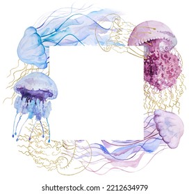 Square Frame With Watercolor Golden, Pink And Light Purple Jellyfishes, Isolated Element. Underwater Illustration For Beach Party Decor,  Nautical Sea Wedding Design And Greeting, Space For Text