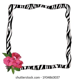 Square Frame With Wavy Edges With Zebra Print And Delicate Pink Flowers