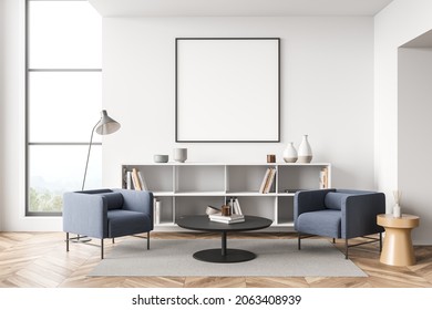 Square frame for white living room interior design with blue armchairs, parquet, shelf, coffee tables, rug and narrow window. Concept of modern seating area. Mock up. 3d rendering