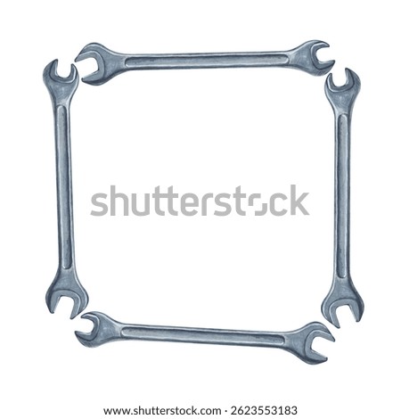 A square frame of wrenches is isolated on a white background. Watercolor illustration of tools for home renovation. Iron men's tools.