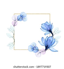 marco dorado cuadrado con flores de magnolia transparentes y hojas de eucalipto. marco vintage con flores azules para tarjetas de felicitación de diseño, bodas, invitaciones. cosméticos y logotipo de perfumería