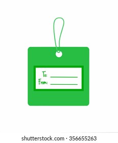 A square green gift tag with to and from fields.