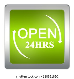 Square Green Glossy Style Open 24HRS Sign Isolated On White Background