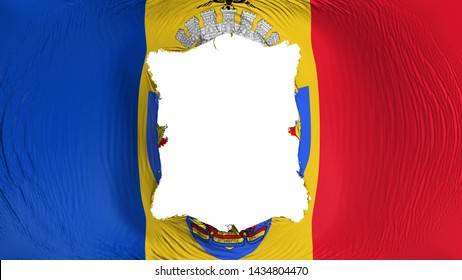 Square Hole In The Bucharest, Capital Of Romania Flag, White Background, 3d Rendering
