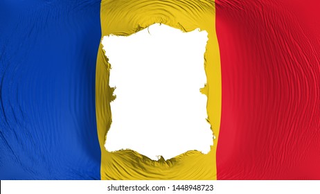 Square Hole In The Romania Flag, White Background, 3d Rendering