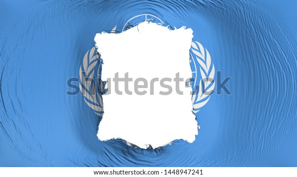 Square hole in the United Nations flag, white\
background, 3d\
rendering