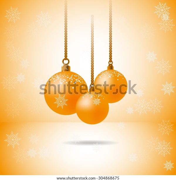 Square illustration template with\
bright gold background divided by corner and set of three christmas\
balls with the same color. Snowflakes are over the\
picture.