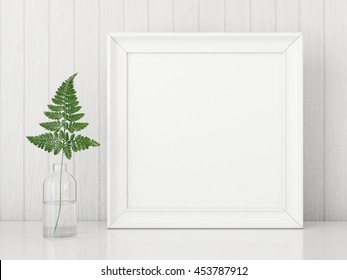 Square Interior Poster Mock Up With Empty Frame And Fern Leaf In Glass Bottle On White Wall Background. 3D Rendering.