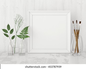 Square Interior Poster Mock Up With Empty Frame, Artistic Brushes And Plants In Bottles On White Wall Background. 3D Rendering.