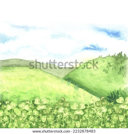 Square landscape with green hills with clover in the foreground. St.Patrick 's Day. Watercolor illustration. Isolated on a white background.For design dairy product packaging, brochures, stickers etc.