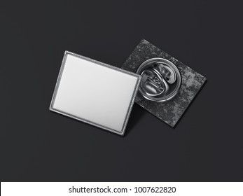 Square Lapel Pin With Black Blank Face Isolated On Dark Background. 3d Rendering