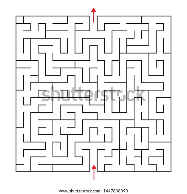 入り口と出口を持つ四角い迷路 赤い矢印の付いた白黒の図 のイラスト素材