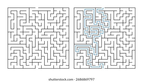 Square maze puzzle with solution path on white background, labyrinth game