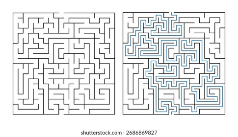 Square maze puzzle with solution path on white background, labyrinth game