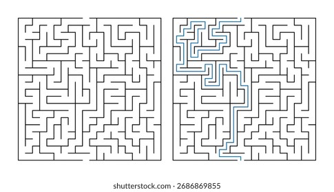 Square maze puzzle with solution path on white background, labyrinth game