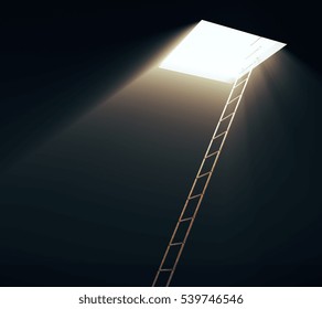 Square opening in ceiling and ladder leading to it. Freedom concept. 3D Rendering