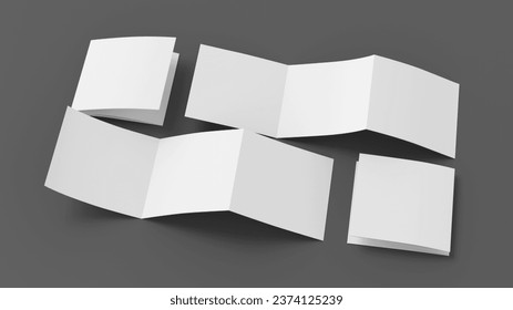Square pages accordion or zigzag trifold brochure mockup on gray background. Three panels, six pages leaflet. 3d illustration