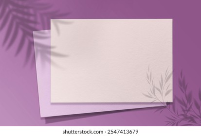 Square Paper Mockup Purple and white color with realistic shadows overlays leaf. Shadow Of A Purple  Plant. Template Flyer, Poster, blank, social media post, logo template in a trendy style .
