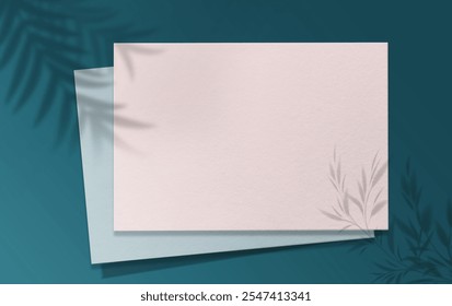 Square Paper Mockup Turquoise and white color with realistic shadows overlays leaf. Shadow Of A Tropical Plant. Template Flyer, Poster, blank, social media post, logo template in a trendy style .
